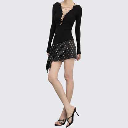 Early Autumn Deep V - Neck Long - Sleeve E - Girl T-Shirt With Slim Fit & Tie Details - tutufox - 