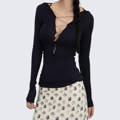 Early Autumn Deep V-Neck Long-Sleeve E-Girl T-Shirt With Slim Fit & Tie Details