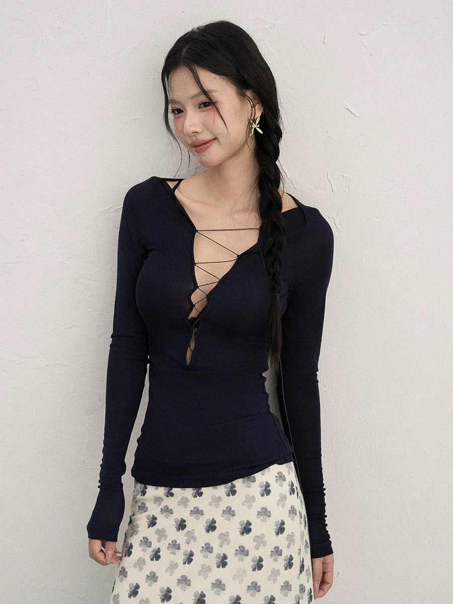 Early Autumn Deep V - Neck Long - Sleeve E - Girl T-Shirt With Slim Fit & Tie Details - tutufox - 