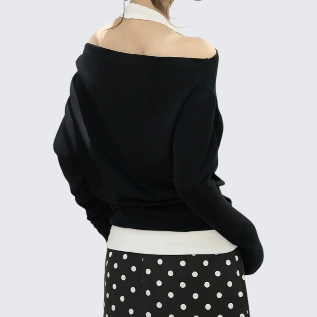 Early Autumn Halter Off - The - Shoulder Cream Long - Sleeve T-Shirt With Elegant Design & Sweet - Spicy Vibe - tutufox - 