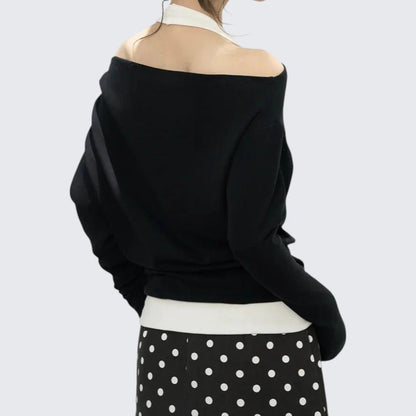 Early Autumn Halter Off - The - Shoulder Cream Long - Sleeve T-Shirt With Elegant Design & Sweet - Spicy Vibe - tutufox - 