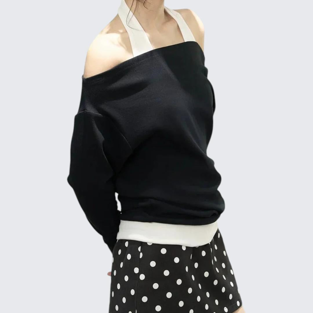 Early Autumn Halter Off - The - Shoulder Cream Long - Sleeve T-Shirt With Elegant Design & Sweet - Spicy Vibe - tutufox - 