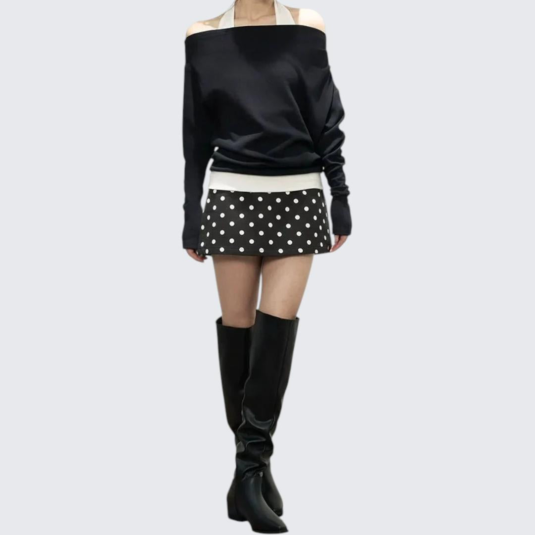 Early Autumn Halter Off - The - Shoulder Cream Long - Sleeve T-Shirt With Elegant Design & Sweet - Spicy Vibe - tutufox - 