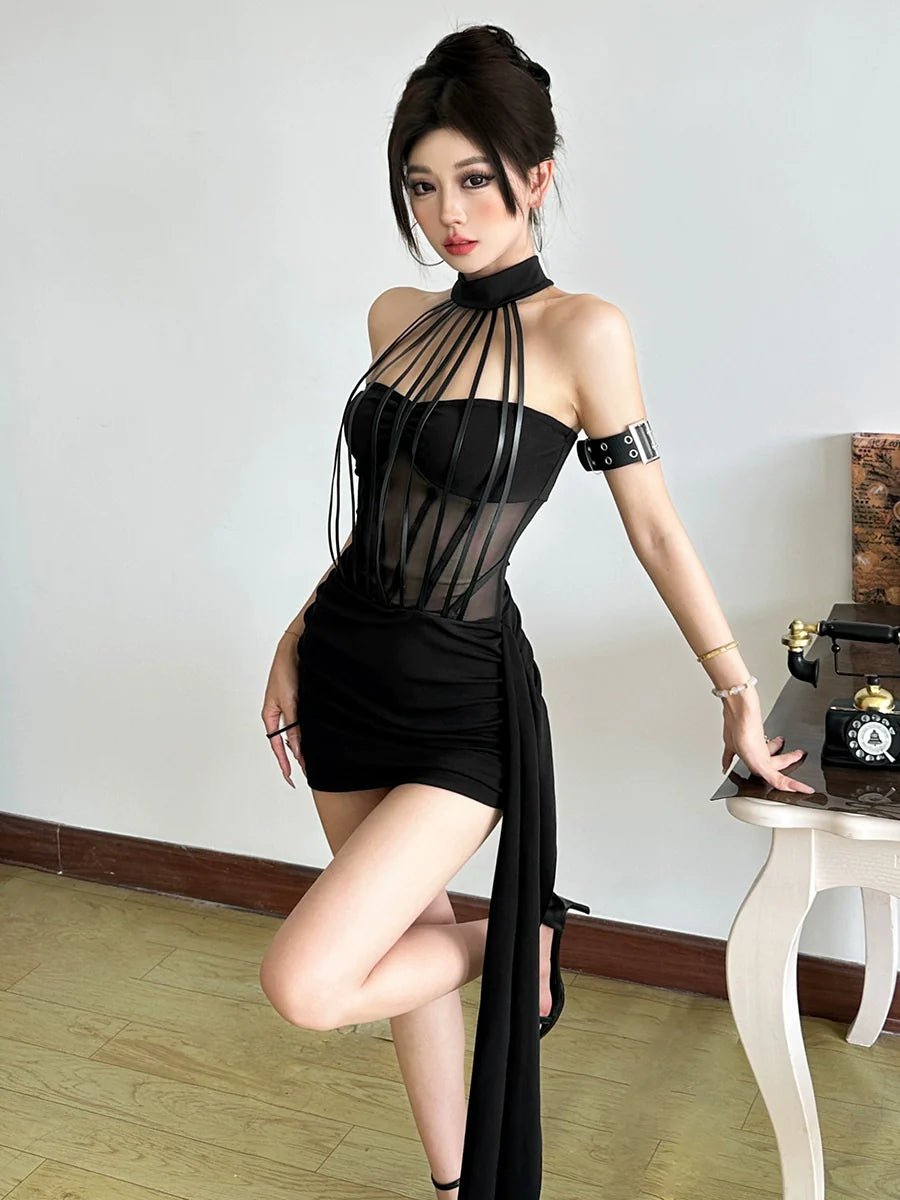 Edgy Chic Black Cutout Halter Slim - Fit Mini Dress - tutufox - 