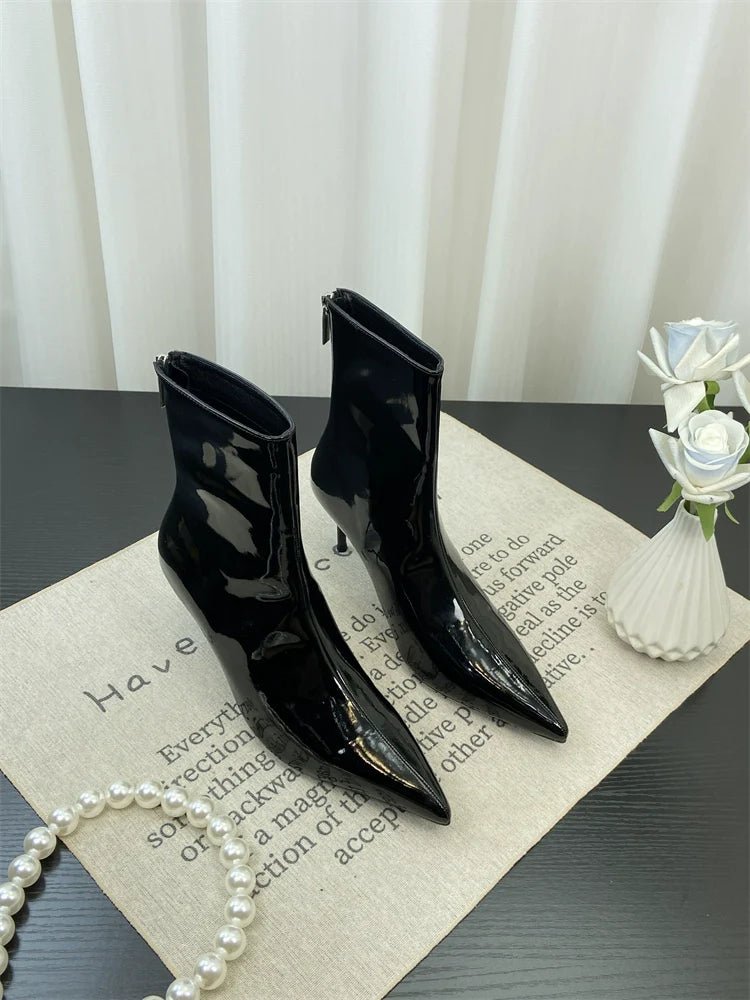 European Style Pointed Toe Patent Leather Red Ankle Boots Spring Autumn Slimming Thin Heel Short Calf Slim Boots Ankle Boots - tutufox - shoes