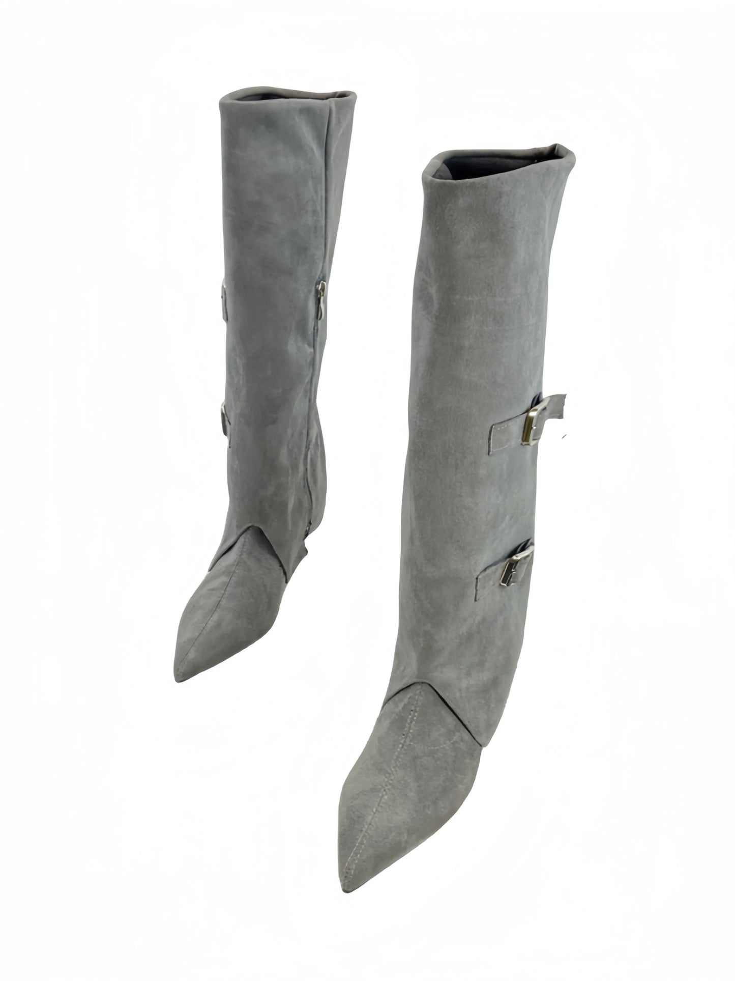 Fall Winter European Fashion Pointed Toe Wedge Knee High Buckle Suede Chunky Heel Spicy Girl Trouser Boots - tutufox - shoes