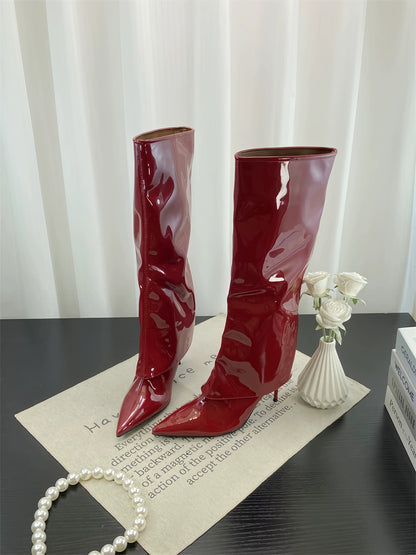 Fall Winter New European Sexy Red Patent Leather Knee High Thin Heel Luxury Pointed Toe Fashion Trouser Boots - tutufox - shoes