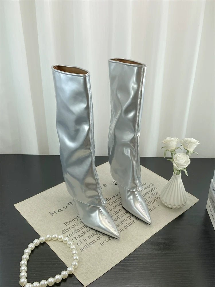 Fall Winter New European Sexy Red Patent Leather Knee High Thin Heel Luxury Pointed Toe Fashion Trouser Boots - tutufox - shoes