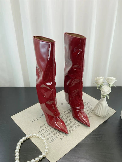 Fall Winter New European Sexy Red Patent Leather Knee High Thin Heel Luxury Pointed Toe Fashion Trouser Boots - tutufox - shoes