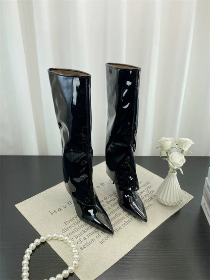 Fall Winter New European Sexy Red Patent Leather Knee High Thin Heel Luxury Pointed Toe Fashion Trouser Boots - tutufox - shoes