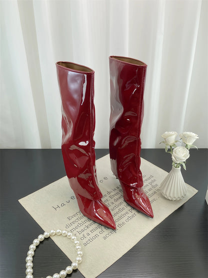 Fall Winter New European Sexy Red Patent Leather Knee High Thin Heel Luxury Pointed Toe Fashion Trouser Boots - tutufox - shoes