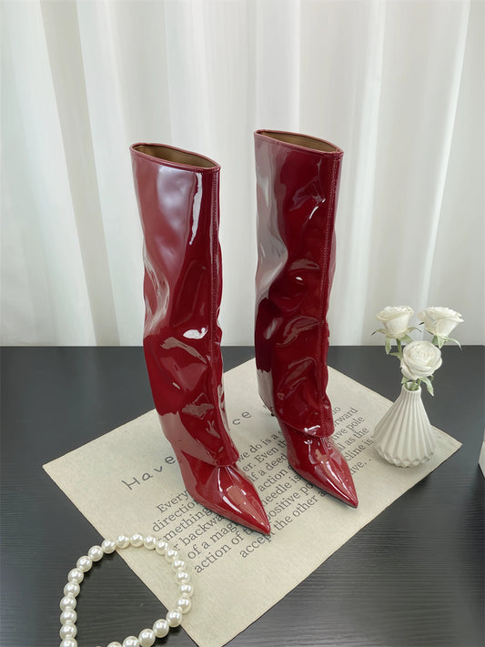 Fall Winter New European Sexy Red Patent Leather Knee High Thin Heel Luxury Pointed Toe Fashion Trouser Boots - tutufox - shoes
