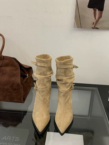 Fall Winter New French Retro Pointed Toe Thin Heel Ankle Boots Suede Slouchy Chunky Heel Western Boots - tutufox - shoes