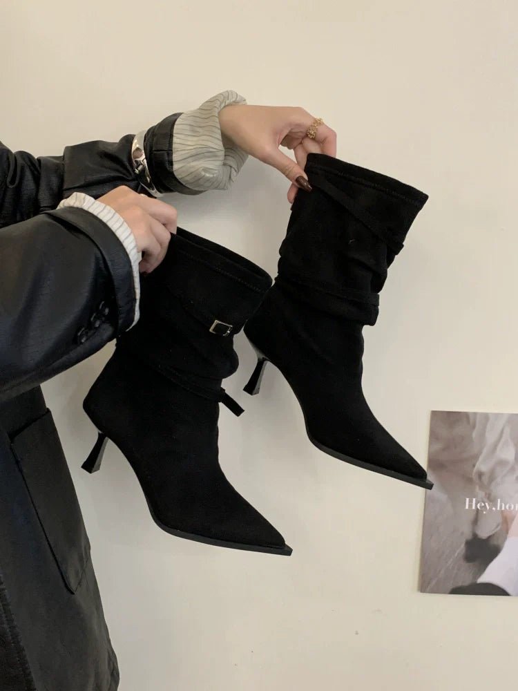 Fall Winter New French Retro Pointed Toe Thin Heel Ankle Boots Suede Slouchy Chunky Heel Western Boots - tutufox - shoes