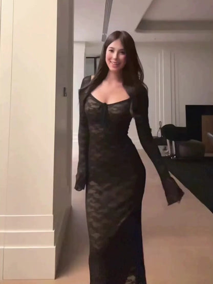 French Black Lace Square - Neck Long - Sleeve Waist - Cinched Petite - Friendly Maxi Dress - tutufox - 