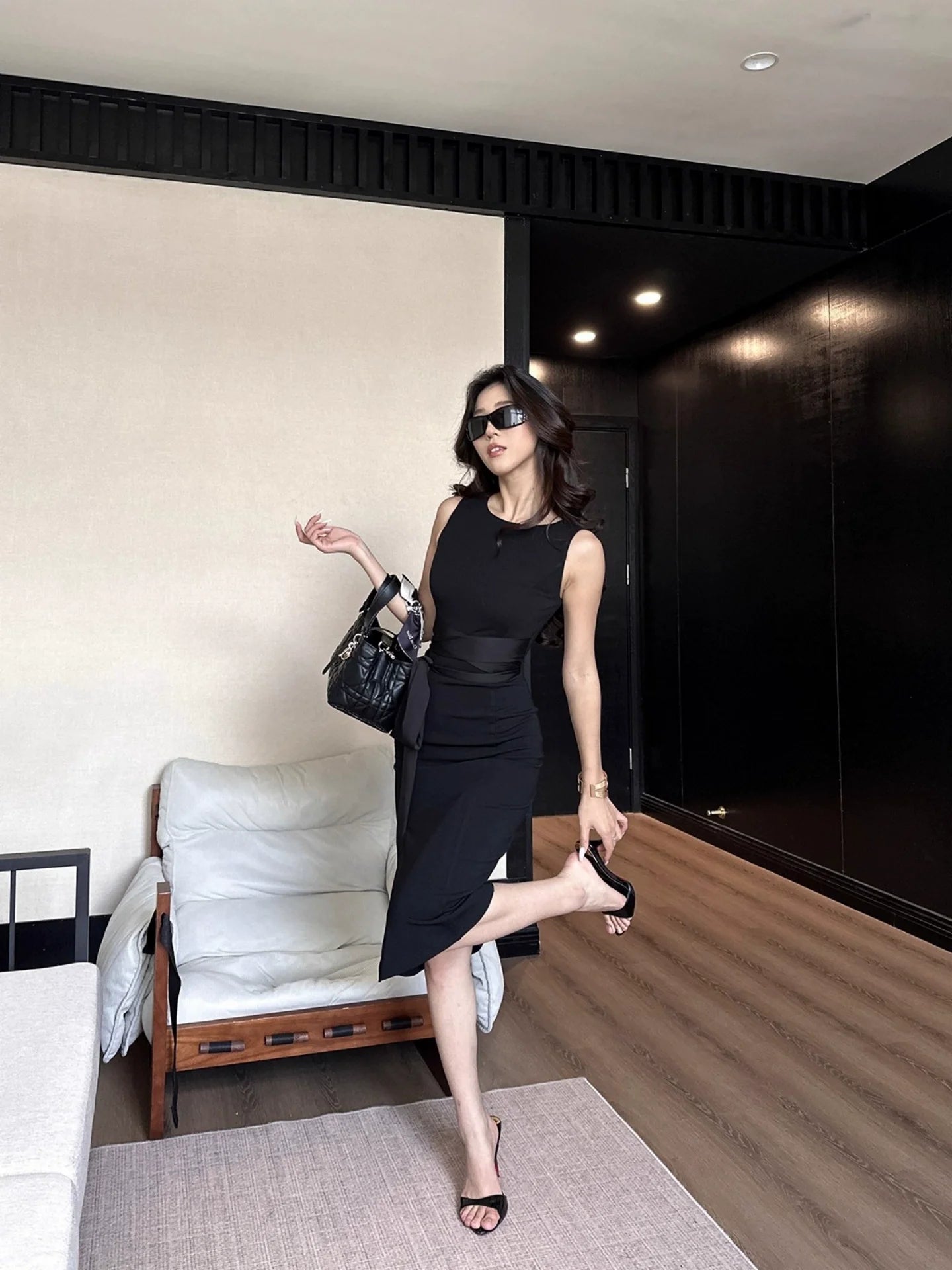 French Black Sleeveless Tank Waist - Cinched Slit Bodycon Midi Dress - tutufox - 