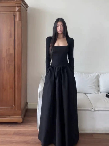 French Black Square - Neck Long - Sleeve Waist - Cinched Flare Maxi Dress - tutufox - 