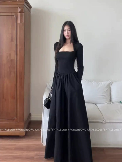 French Black Square - Neck Long - Sleeve Waist - Cinched Flare Maxi Dress - tutufox - 