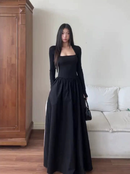 French Black Square - Neck Long - Sleeve Waist - Cinched Flare Maxi Dress - tutufox - 