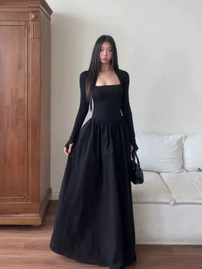 French Black Square - Neck Long - Sleeve Waist - Cinched Flare Maxi Dress - tutufox - 