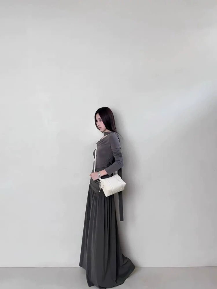 French Elegant Cowl - Neck Ruched Long - Sleeve Petite - Friendly Slimming Fall Maxi Dress - tutufox - 