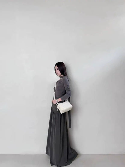 French Elegant Cowl - Neck Ruched Long - Sleeve Petite - Friendly Slimming Fall Maxi Dress - tutufox - 