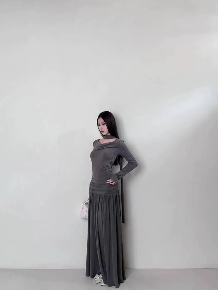 French Elegant Cowl - Neck Ruched Long - Sleeve Petite - Friendly Slimming Fall Maxi Dress - tutufox - 