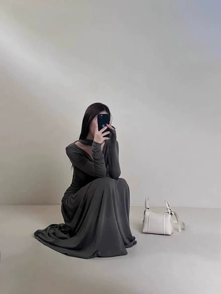 French Elegant Cowl - Neck Ruched Long - Sleeve Petite - Friendly Slimming Fall Maxi Dress - tutufox - 