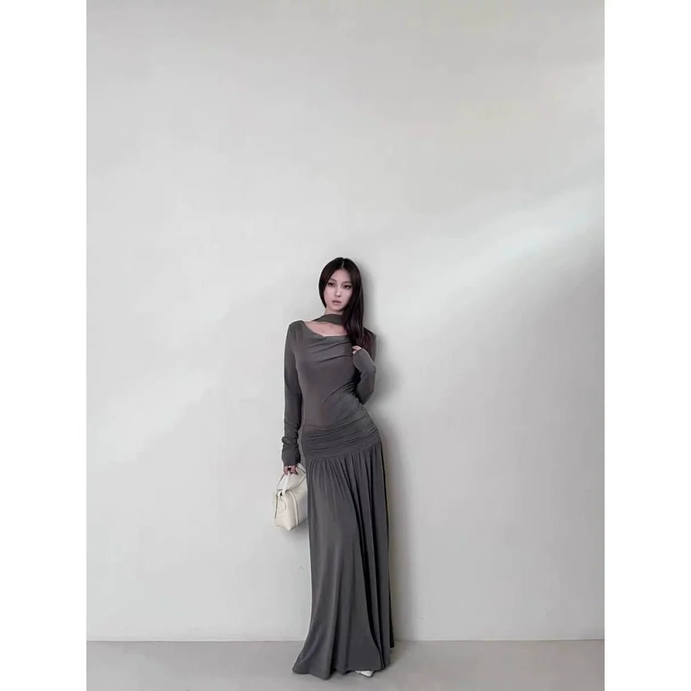 French Elegant Cowl - Neck Ruched Long - Sleeve Petite - Friendly Slimming Fall Maxi Dress - tutufox - 