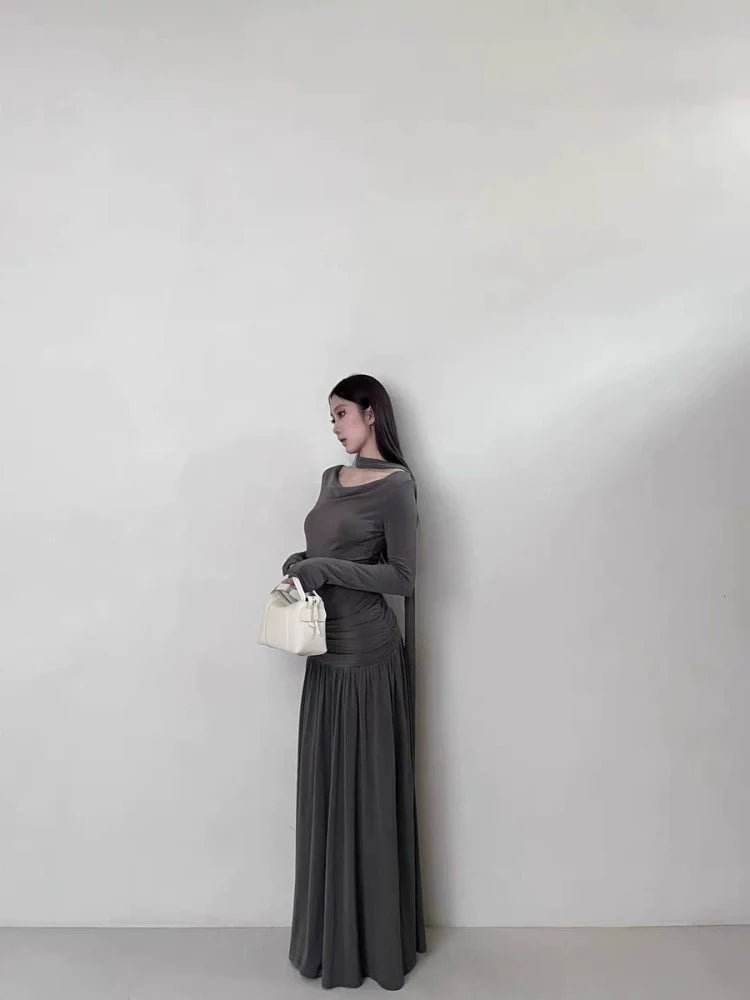 French Elegant Cowl - Neck Ruched Long - Sleeve Petite - Friendly Slimming Fall Maxi Dress - tutufox - 