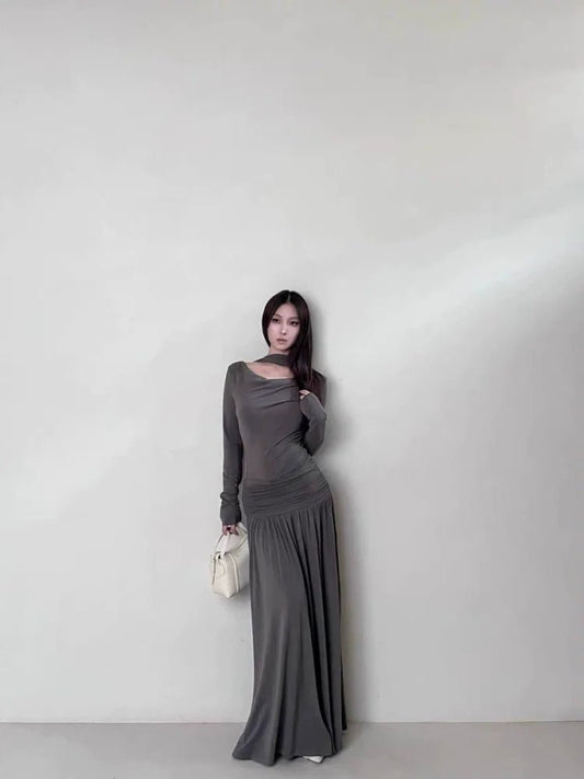 French Elegant Cowl - Neck Ruched Long - Sleeve Petite - Friendly Slimming Fall Maxi Dress - tutufox - 