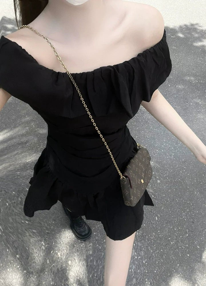 French Elegant Pleated Off - The - Shoulder Flutter - Sleeve Reversible Summer Mini Dress - tutufox - 