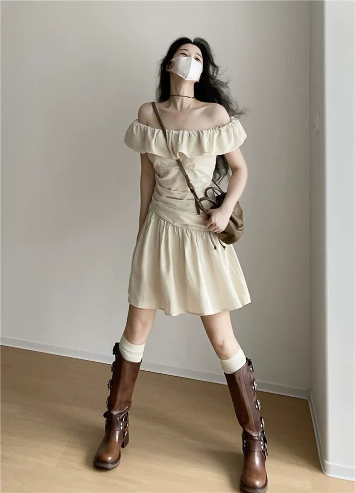 French Elegant Pleated Off - The - Shoulder Flutter - Sleeve Reversible Summer Mini Dress - tutufox - 