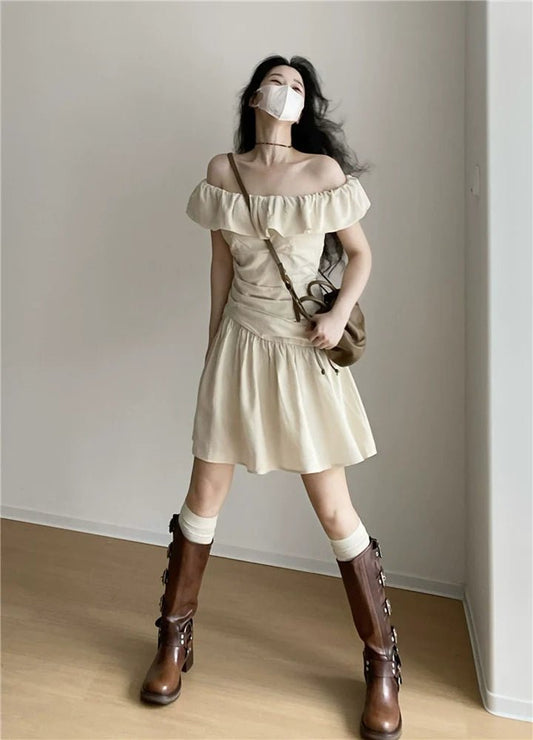 French Elegant Pleated Off - The - Shoulder Flutter - Sleeve Reversible Summer Mini Dress - tutufox - 