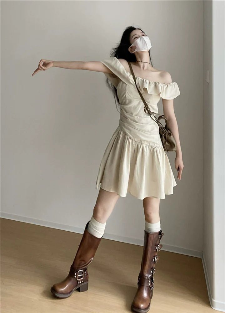 French Elegant Pleated Off - The - Shoulder Flutter - Sleeve Reversible Summer Mini Dress - tutufox - 