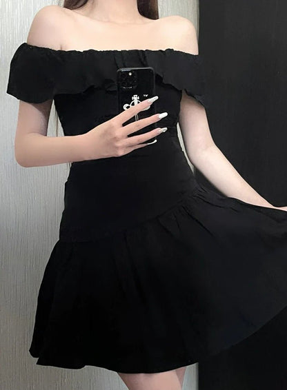 French Elegant Pleated Off - The - Shoulder Flutter - Sleeve Reversible Summer Mini Dress - tutufox - 