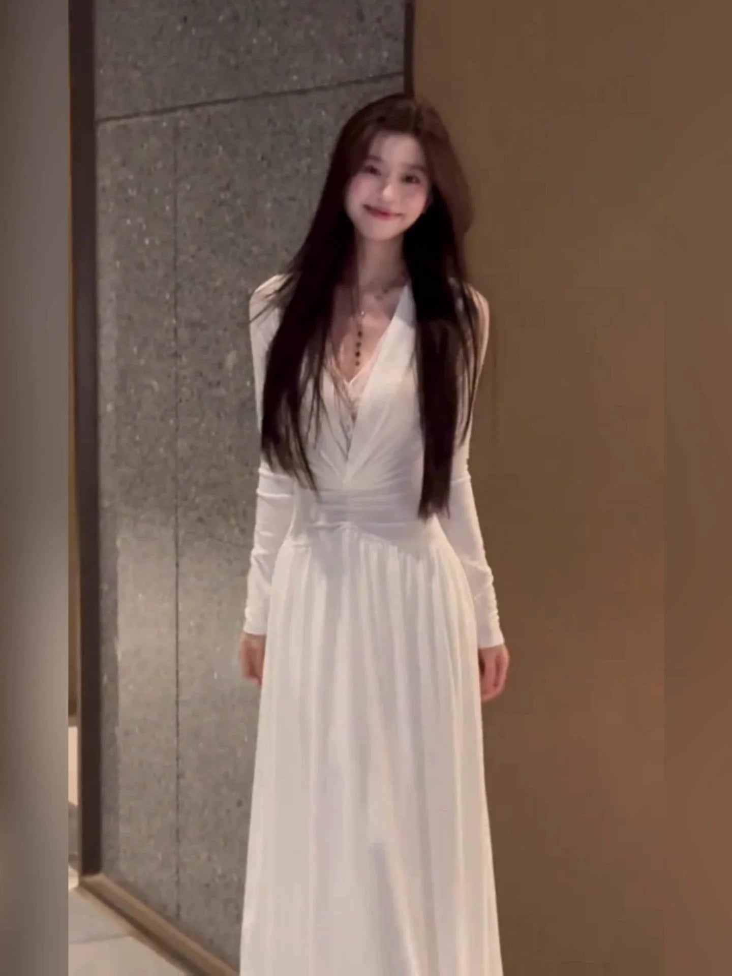 French Elegant White Lace V - Neck Long - Sleeve Waist - Cinched Maxi Dress - tutufox - 