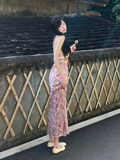 French Floral Camisole Bodycon Waist - Cinched Mermaid Maxi Dress - tutufox - 