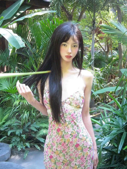 French Floral Camisole Bodycon Waist - Cinched Mermaid Maxi Dress - tutufox - 