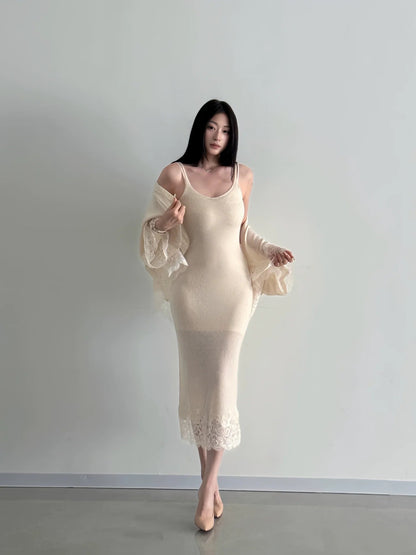 French Gorgeous Knit Capelet Spaghetti - Strap Waist - Cinched Midi Dress - tutufox - 