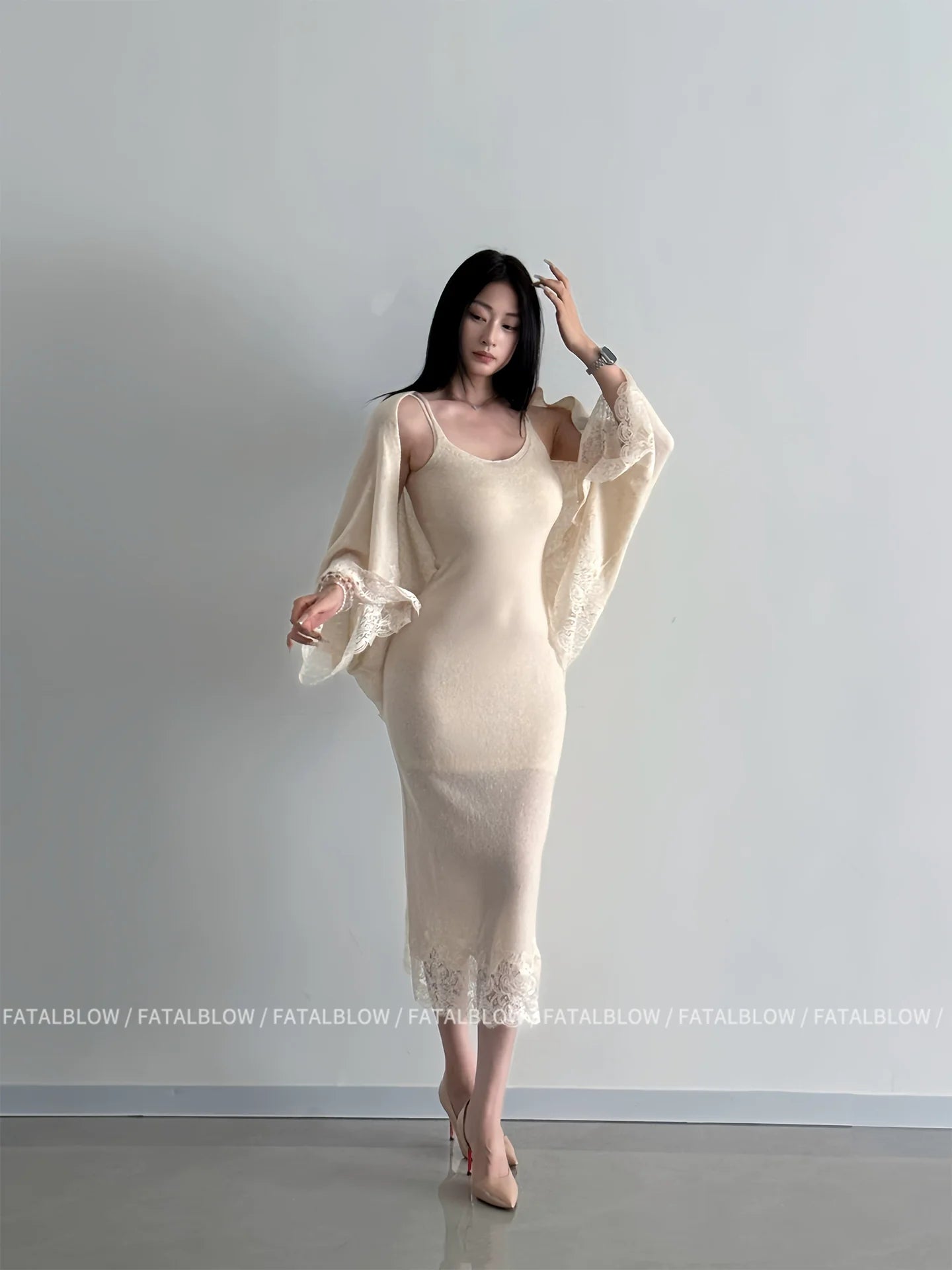 French Gorgeous Knit Capelet Spaghetti - Strap Waist - Cinched Midi Dress - tutufox - 