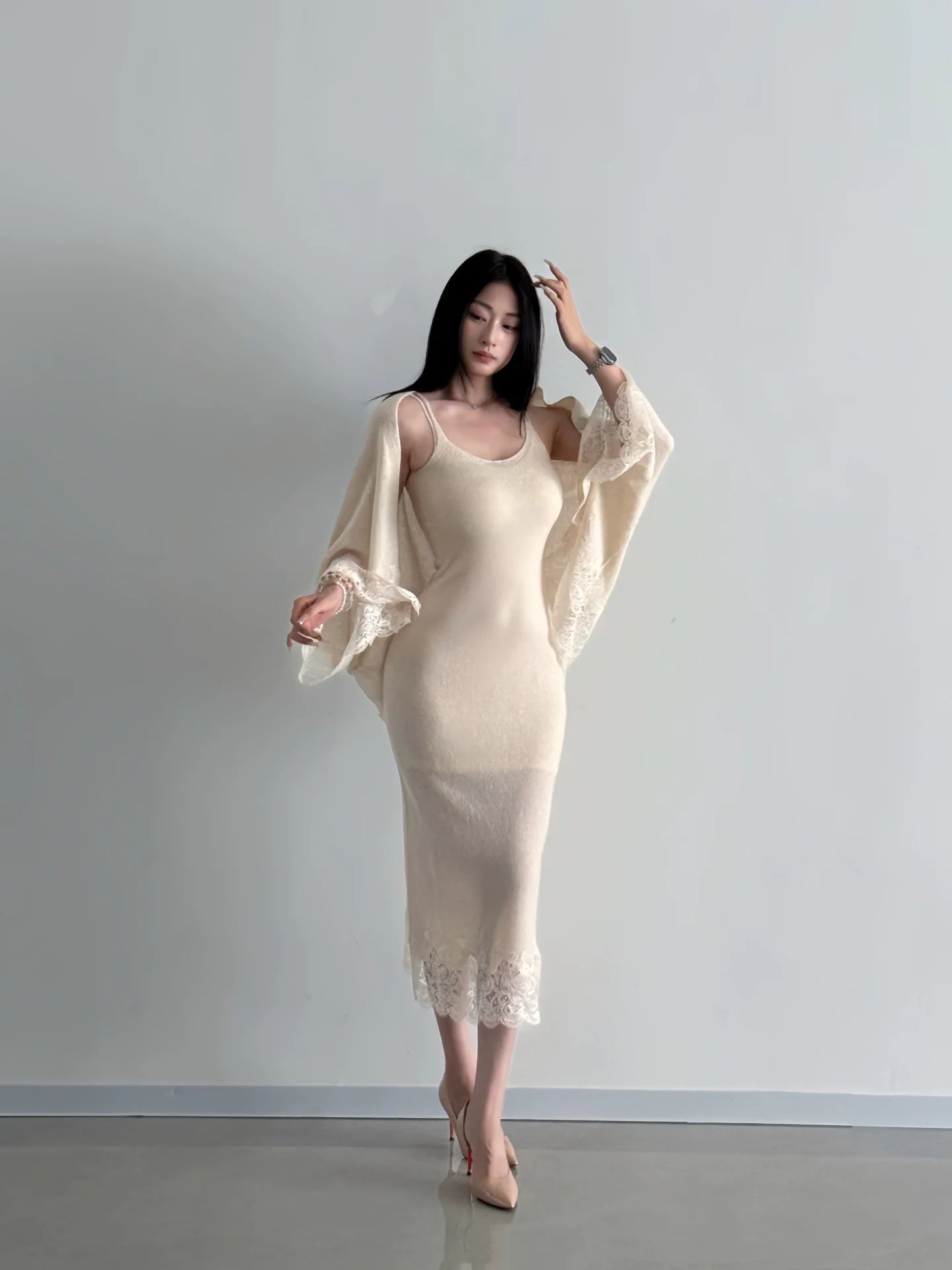 French Gorgeous Knit Capelet Spaghetti - Strap Waist - Cinched Midi Dress - tutufox - 