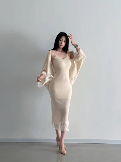 French Gorgeous Knit Capelet Spaghetti - Strap Waist - Cinched Midi Dress - tutufox - 