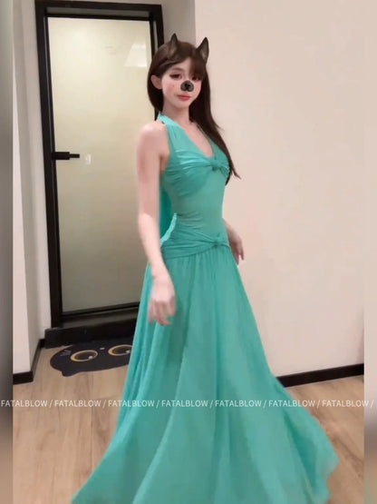 French Green V - Neck Halter Backless Waist - Cinched Beach Vacation Maxi Dress - tutufox - 