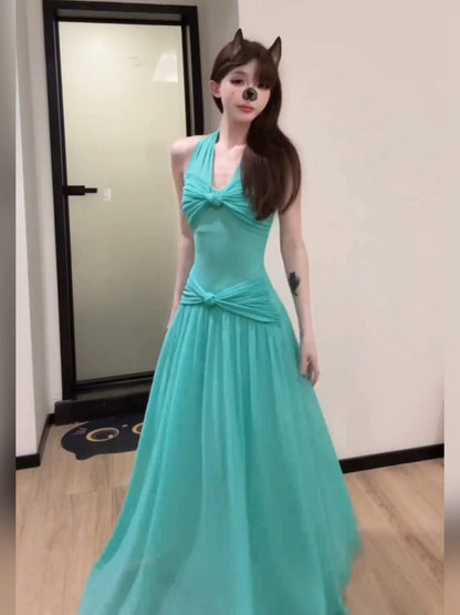 French Green V - Neck Halter Backless Waist - Cinched Beach Vacation Maxi Dress - tutufox - 