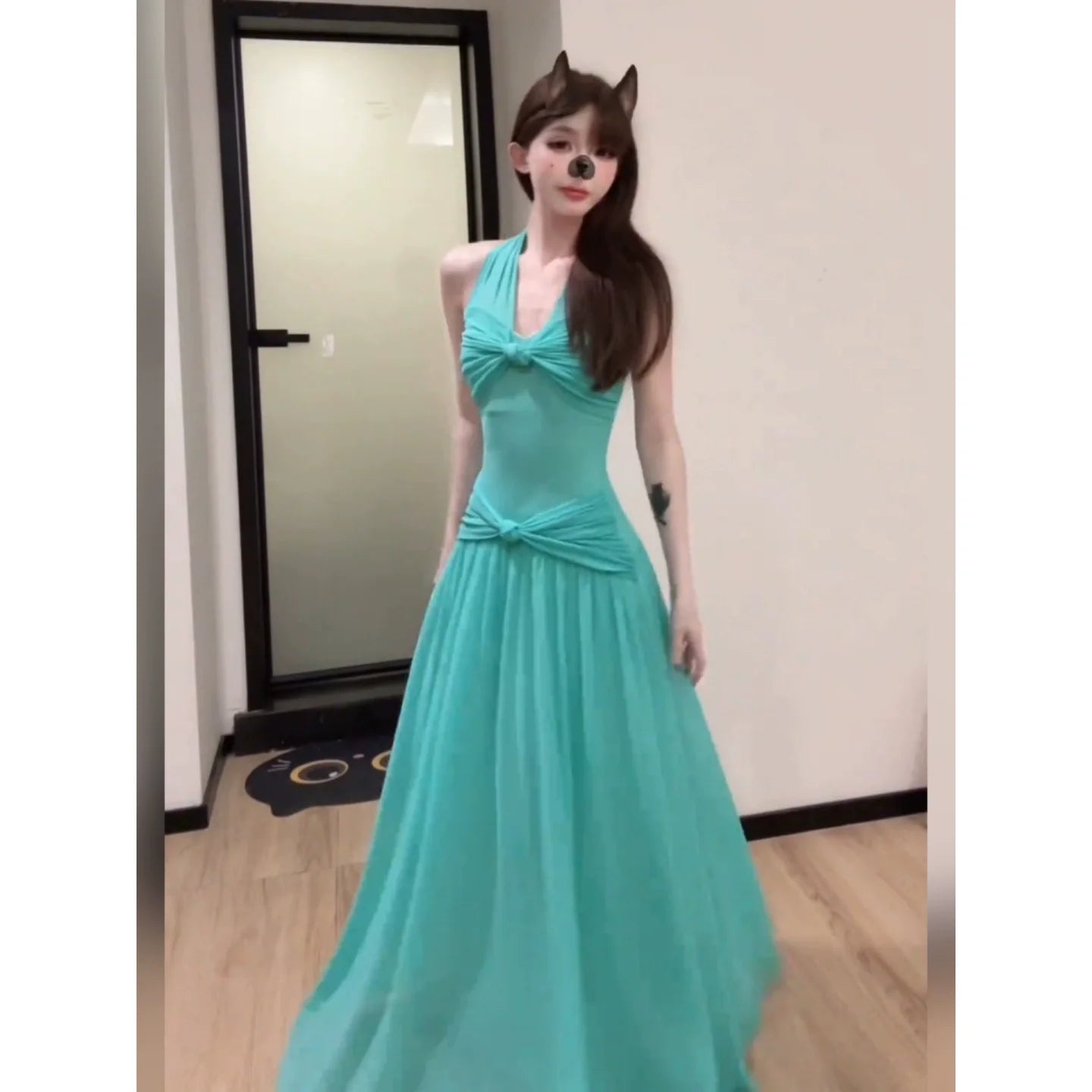 French Green V - Neck Halter Backless Waist - Cinched Beach Vacation Maxi Dress - tutufox - 