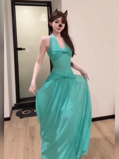 French Green V - Neck Halter Backless Waist - Cinched Beach Vacation Maxi Dress - tutufox - 