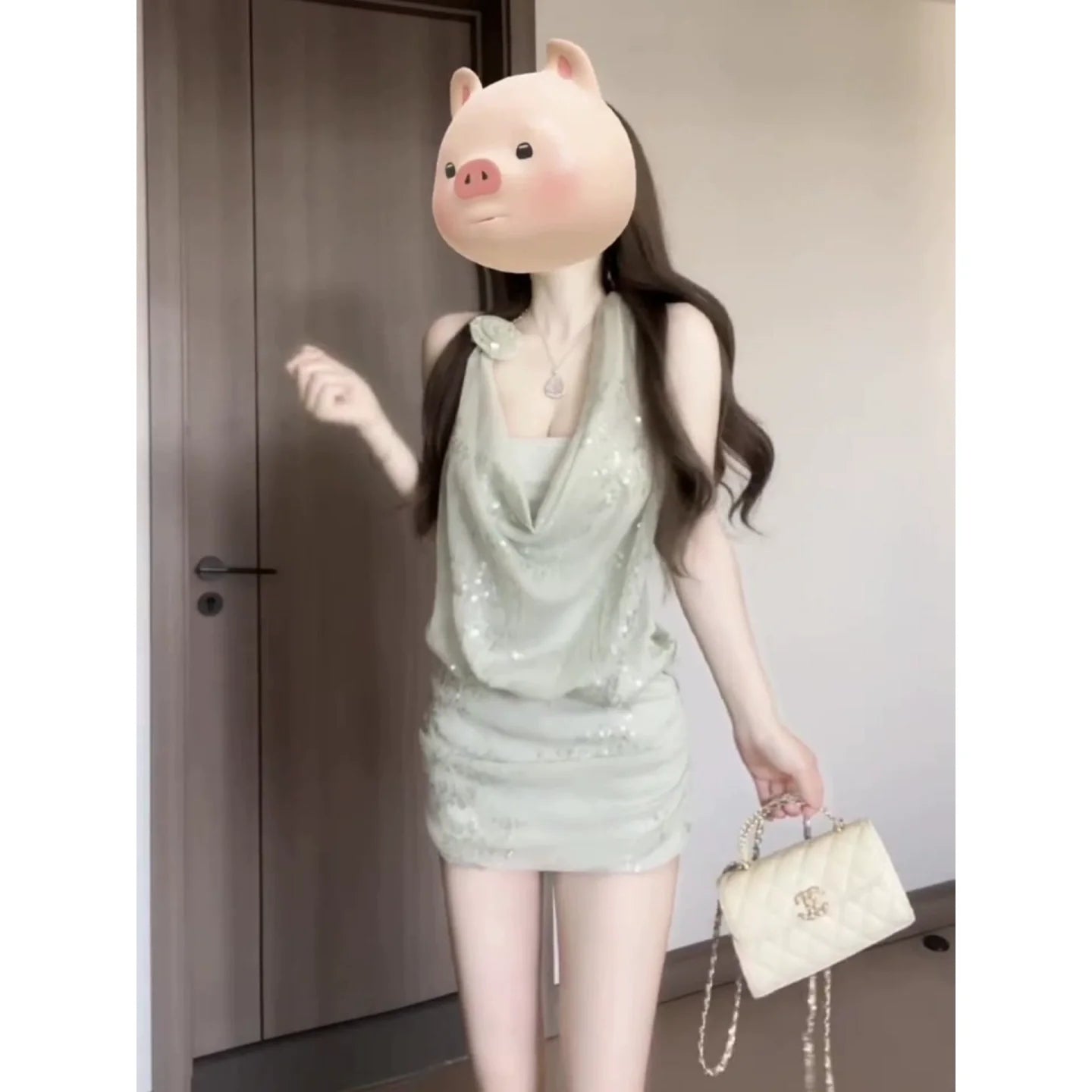 French Luxe Sequin Halter Waist - Cinched Bodycon Mini Dress - tutufox - 