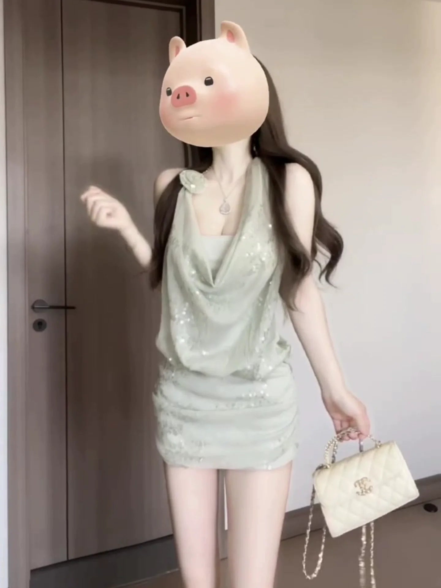 French Luxe Sequin Halter Waist - Cinched Bodycon Mini Dress - tutufox - 