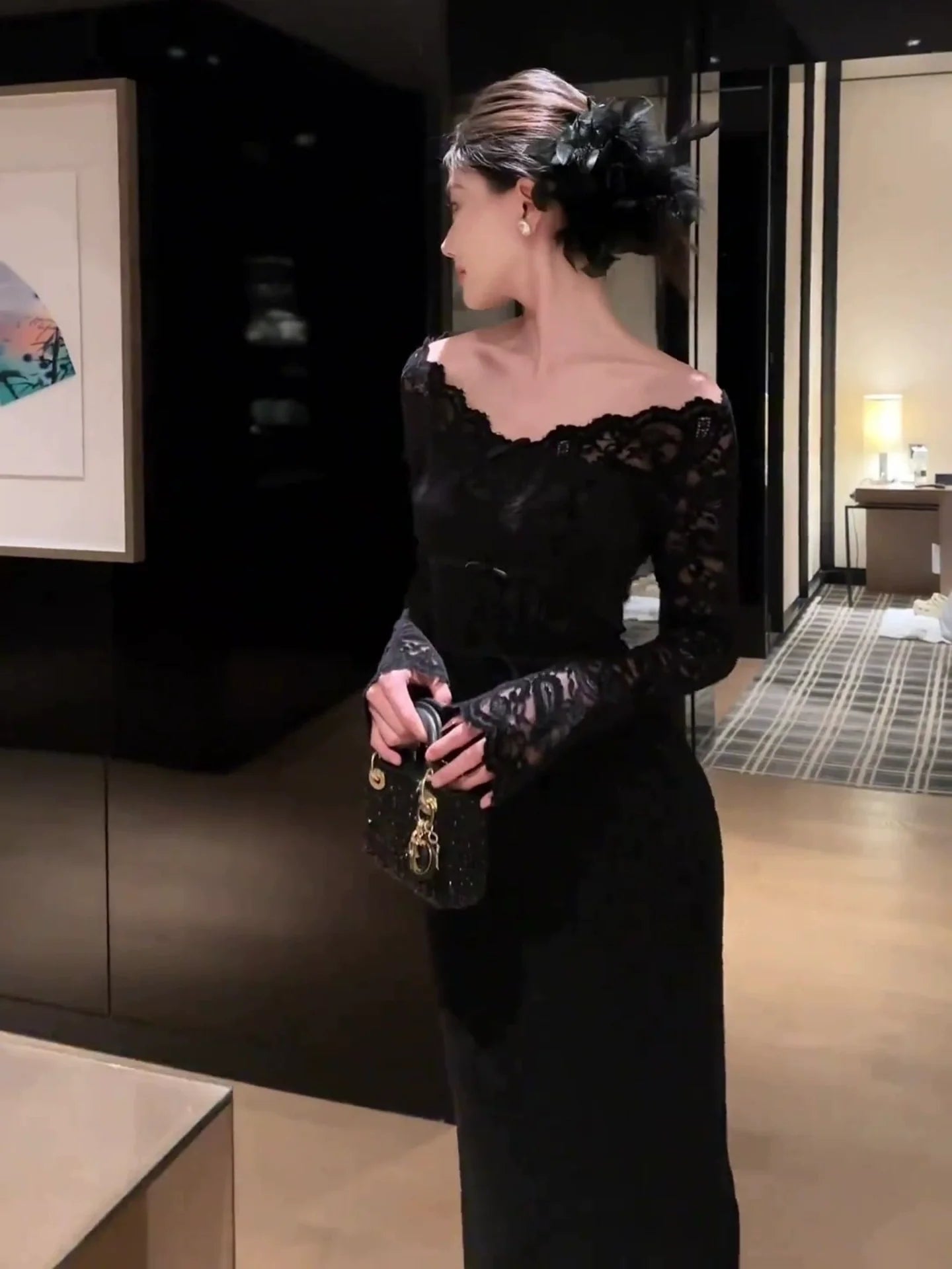 French Off - The - Shoulder Black Lace - Bow Long - Sleeve Waist - Cinched Maxi Dress - tutufox - 